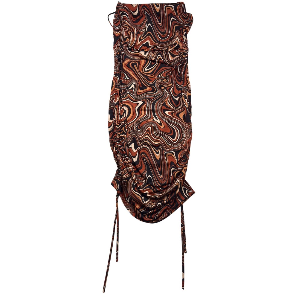 Papaya Ruched Midi Dress Small Womens Retro Swirl Marble Print Brown Tan Black